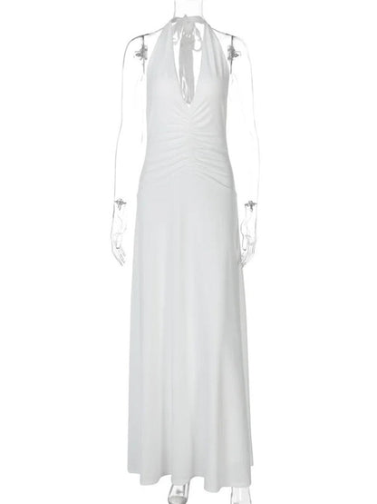 Wide Strap Plunge V-Neck Horizontal Ruched Bodycon Floor-Length Maxi Dress