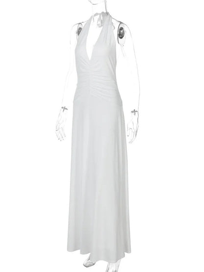 Wide Strap Plunge V-Neck Horizontal Ruched Bodycon Floor-Length Maxi Dress