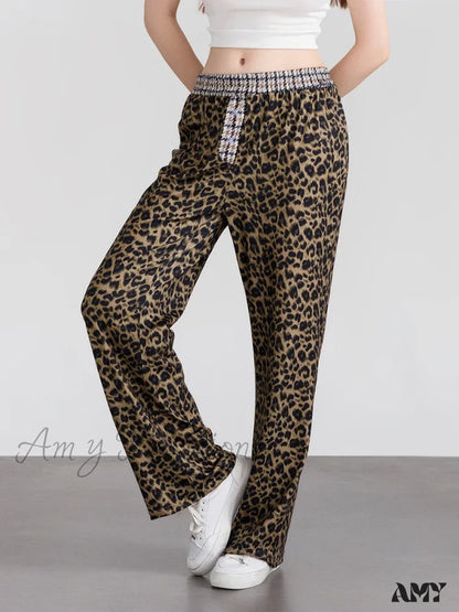Elastic Waistband Leopard Houndstooth Print Casual Pants