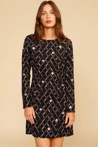 Diamond Grid Daisy Floral Print Long Sleeve Crew Neck Mini Dress