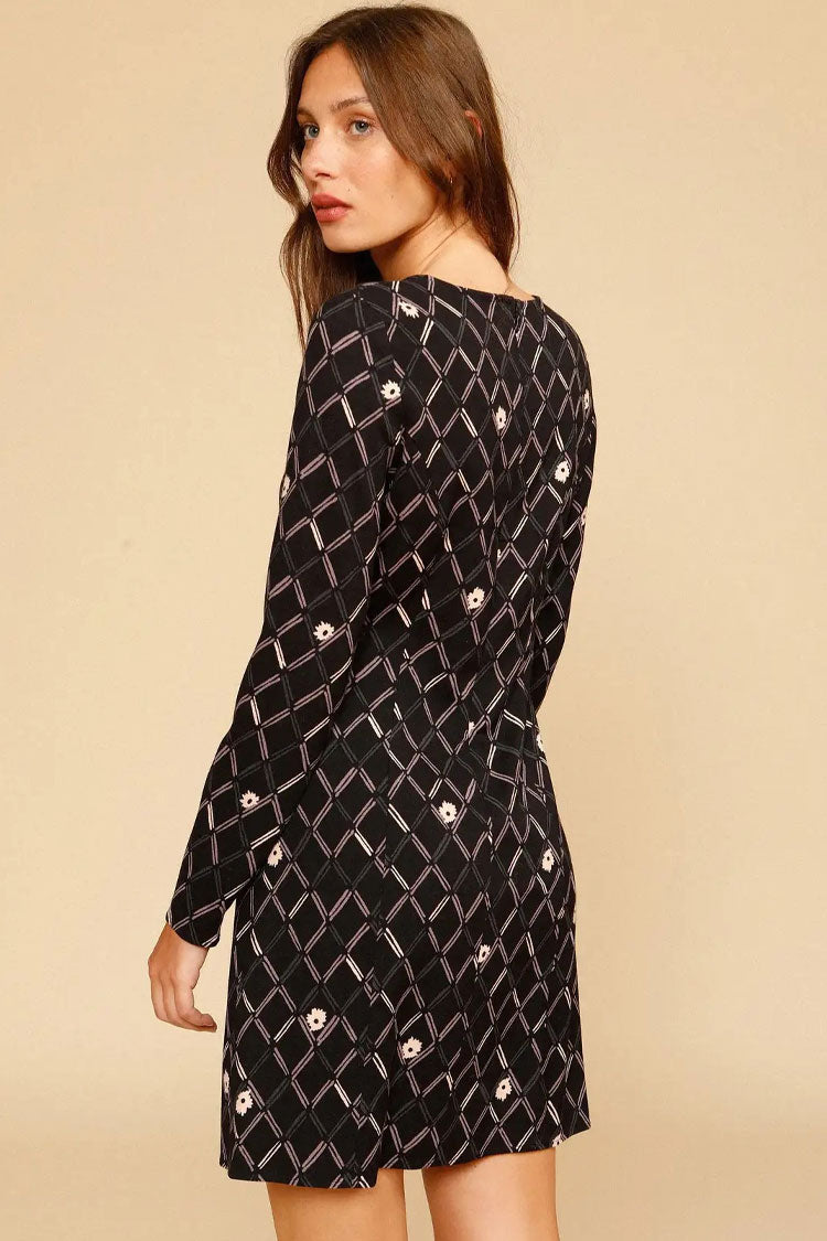 Diamond Grid Daisy Floral Print Long Sleeve Crew Neck Mini Dress