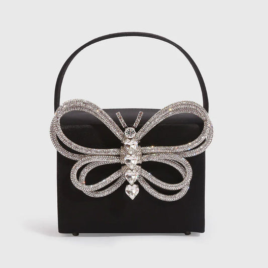 Butterfly Rhinestone Box Clutch Bag - Black
