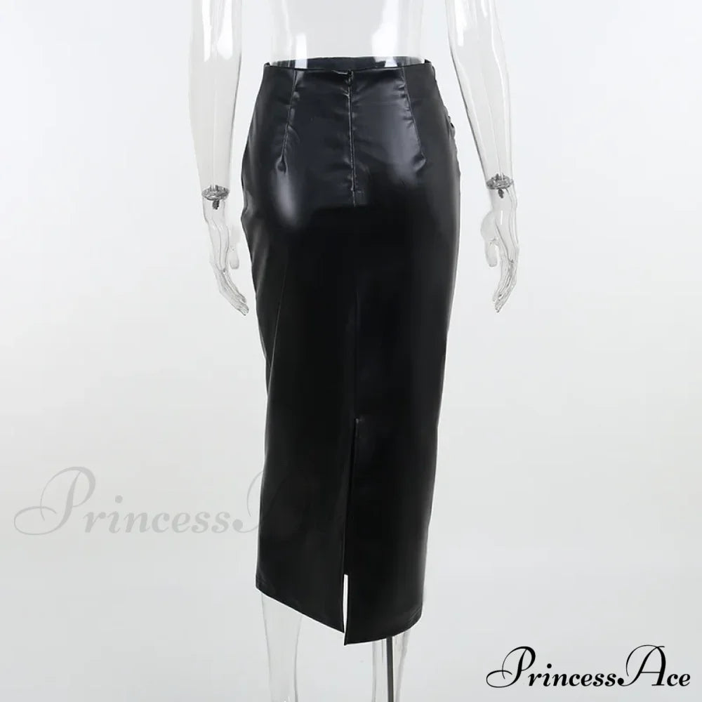Elegant Fashion Ruched Slim High Waist PU Leather Black Trendy Midi Skirt