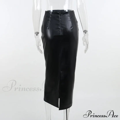 Elegant Fashion Ruched Slim High Waist PU Leather Black Trendy Midi Skirt