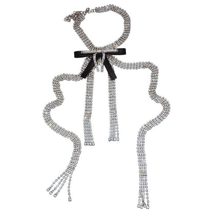 Faux Leather Trim Crystal Bow Tassel Choker Necklace Silver