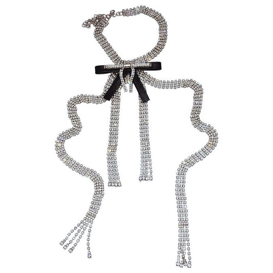 Faux Leather Trim Crystal Bow Tassel Choker Necklace Silver