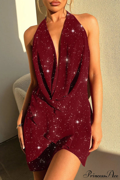 Elegant Halter Sequin Solid Color Short Party Dress