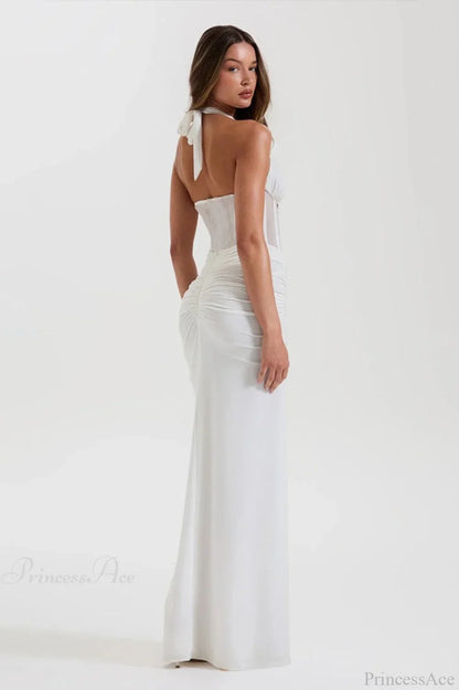 Elegant Halter Tulle Paneled Bodycon Maxi Evening Dress