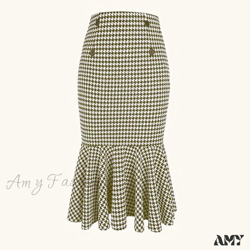 Elegant Houndstooth Printed Knee Length Fashion High Waist Slim Skirt