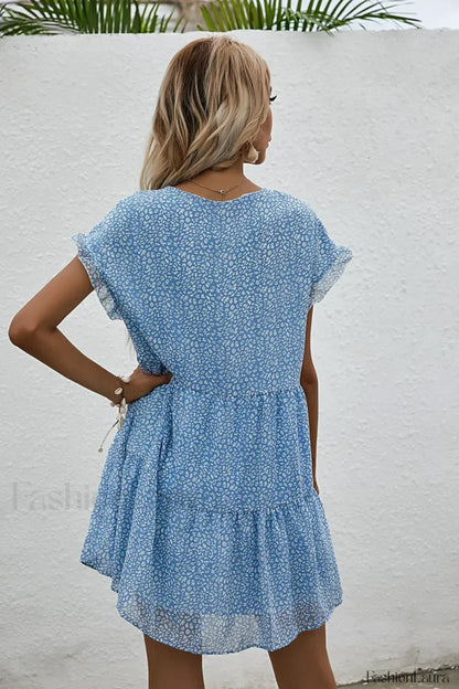 Elegant Leopard Print Floral Prints Summer Women 2024 New Loose V-Neck Ruffled Short Sleeved Mini Dress
