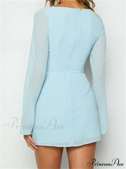 Elegant Long Sleeve Solid Casual Deep V Neck Mini Dress