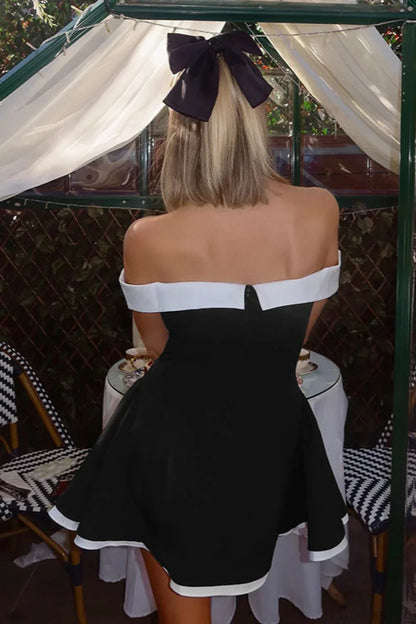Elegant Off Shoulder Contrast Color Chest Baring Waist Cinching Mini Dress
