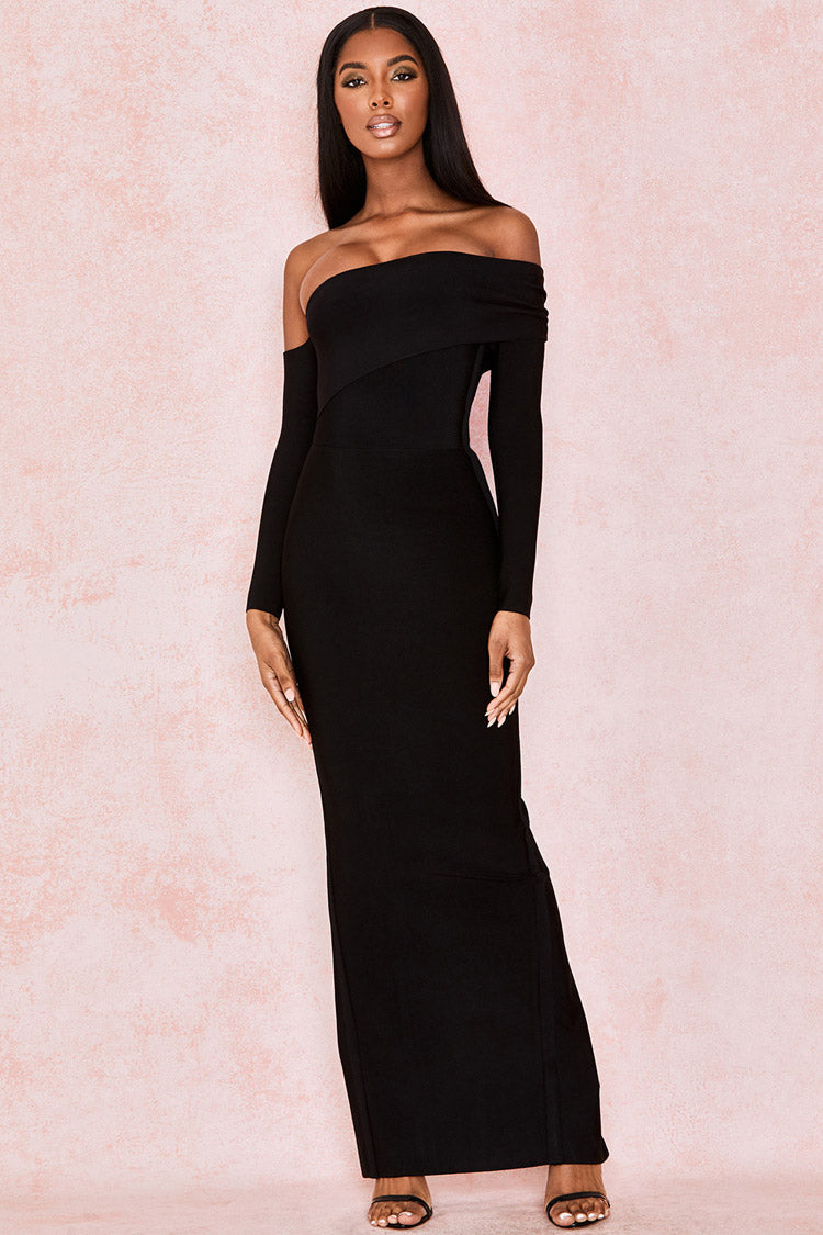 Off-Shoulder Asymmetric Wrap Long Sleeve Bandage Maxi Dress