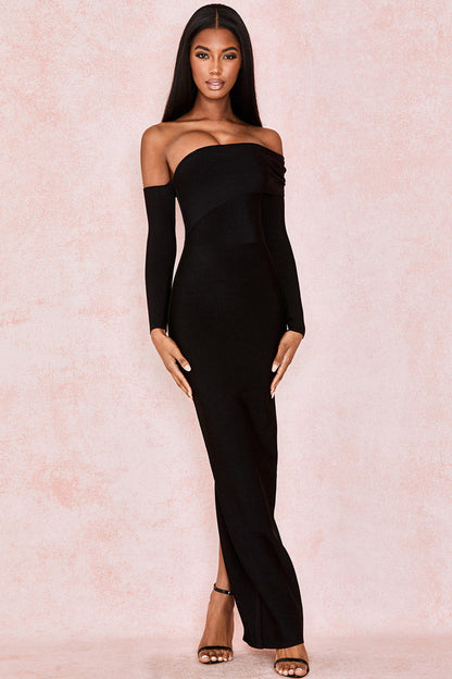 Off-Shoulder Asymmetric Wrap Long Sleeve Bandage Maxi Dress