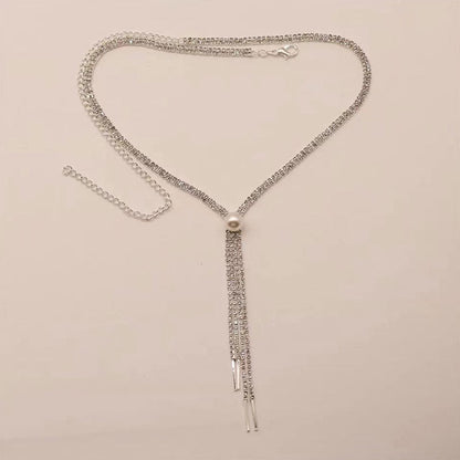 Pearl Detail Rhinestone Tassel Lariat Necklace - Silver