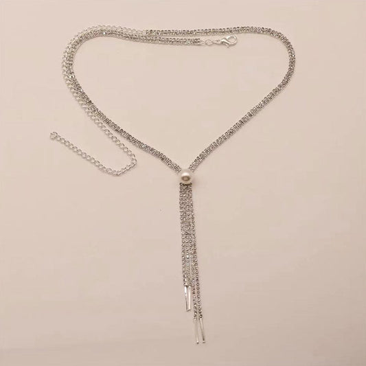 Pearl Detail Rhinestone Tassel Lariat Necklace - Silver