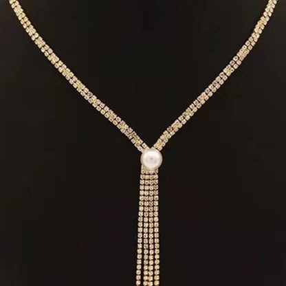 Pearl Detail Rhinestone Tassel Lariat Necklace - Silver