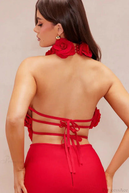 Elegant Red Floral Backless Maxi Bodycon Evening Dress