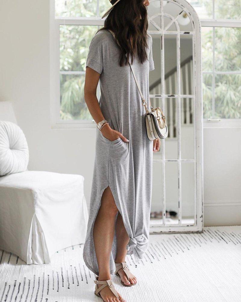Boat Neck Dolman Sleeve Oversized Pocket Maxi Shirt Dress