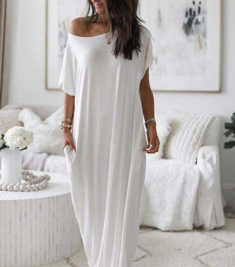Off-Shoulder Dolman Sleeve Pocket Maxi Shirt Dress