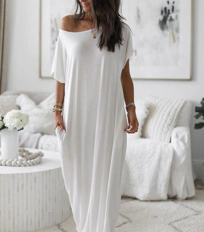 Off-Shoulder Dolman Sleeve Pocket Maxi Shirt Dress