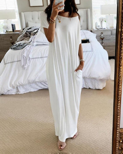 Off-Shoulder Dolman Sleeve Pocket Maxi Shirt Dress