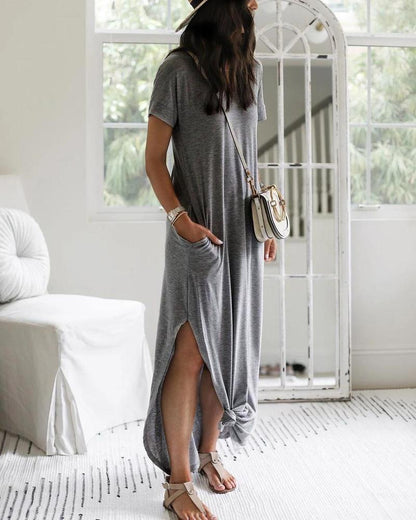 Off-Shoulder Dolman Sleeve Pocket Maxi Shirt Dress