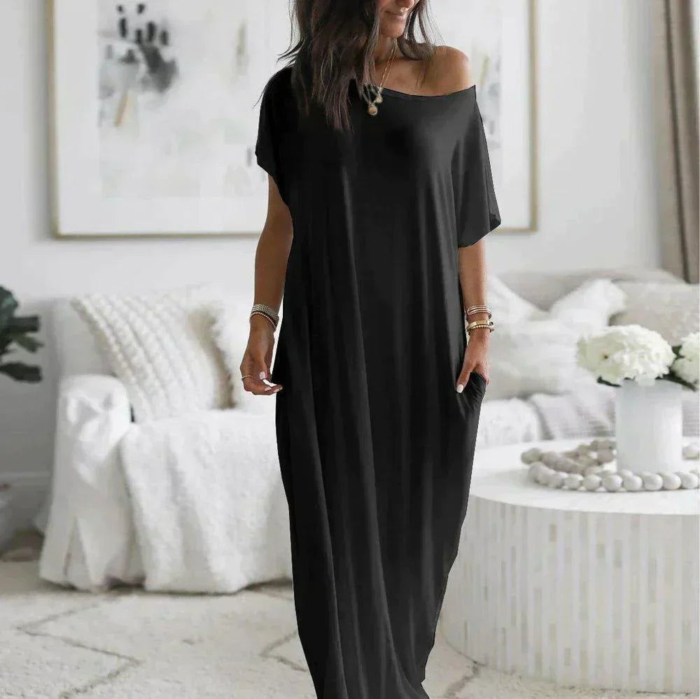 Off-Shoulder Dolman Sleeve Pocket Maxi Shirt Dress