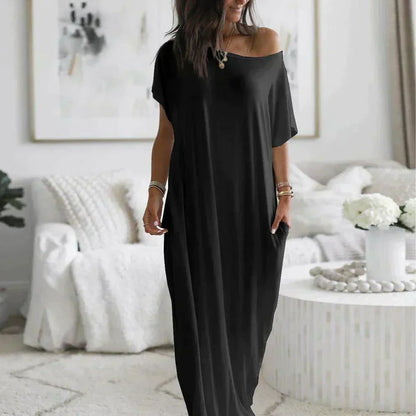 Off-Shoulder Dolman Sleeve Pocket Maxi Shirt Dress