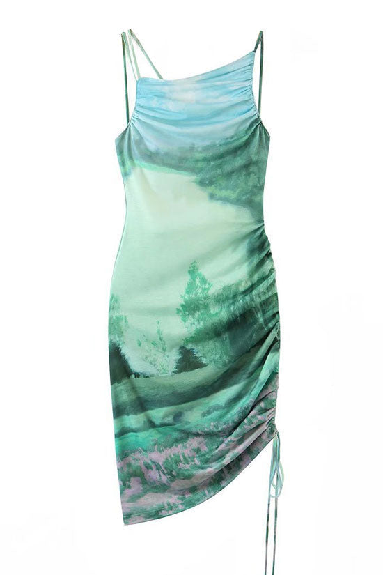 Landscape Print Spaghetti Strap Drawstring Ruched Mesh Bodycon Mini Dress