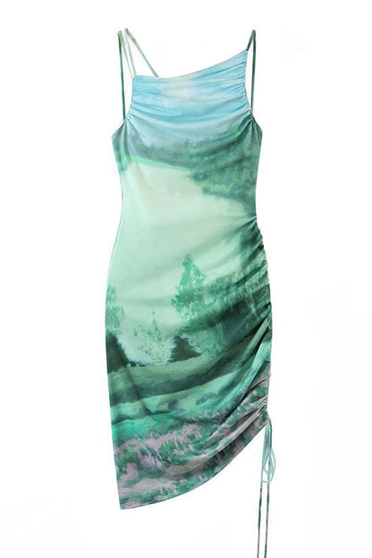 Landscape Print Spaghetti Strap Drawstring Ruched Mesh Bodycon Mini Dress