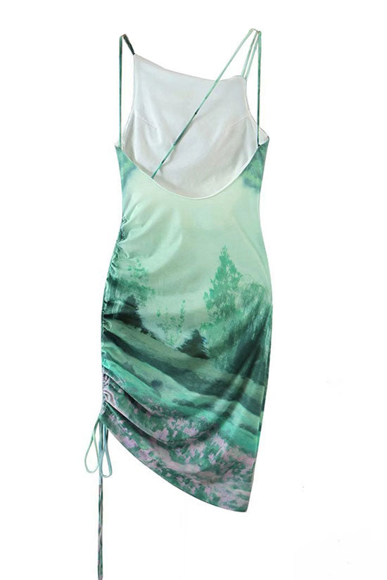 Landscape Print Spaghetti Strap Drawstring Ruched Mesh Bodycon Mini Dress