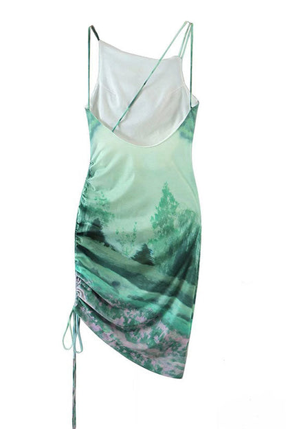 Landscape Print Spaghetti Strap Drawstring Ruched Mesh Bodycon Mini Dress