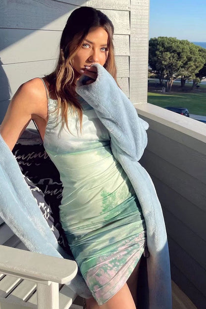 Landscape Print Spaghetti Strap Drawstring Ruched Mesh Bodycon Mini Dress