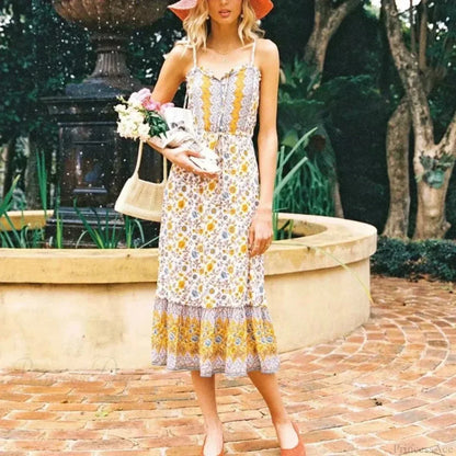 Elegant Sleeveless Floral Rayon Cotton Midi Boho Dress