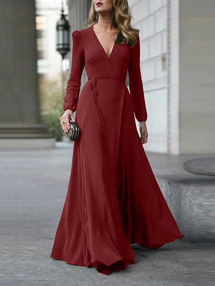 Elegant Solid V-neck Lace-up Dress