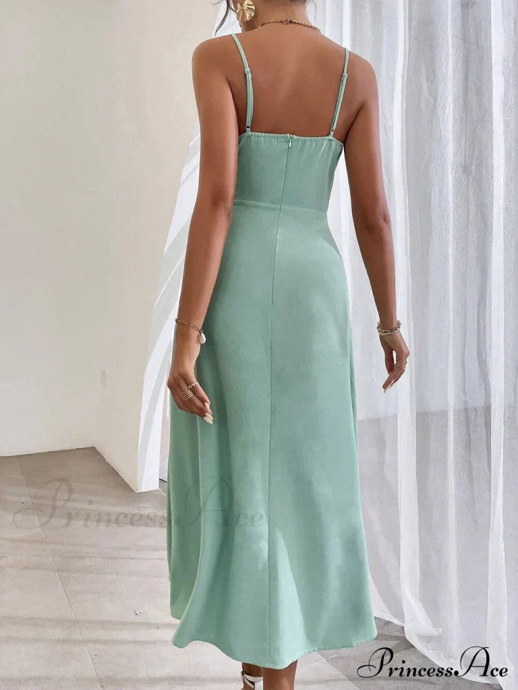 Elegant Spaghetti Strap Charming Pleated Leg Slit Dress