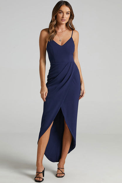 Spaghetti Strap Deep V-Neck Wrap Tulip Hem High-Low Midi Dress
