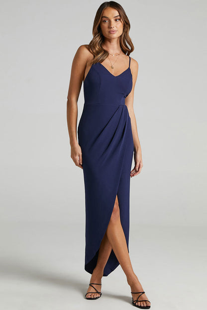 Spaghetti Strap Deep V-Neck Wrap Tulip Hem High-Low Midi Dress