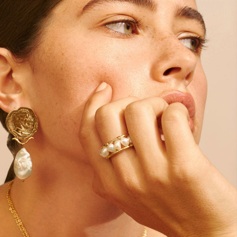 Elegant Perlized Bead Studded Open Ring in Gold