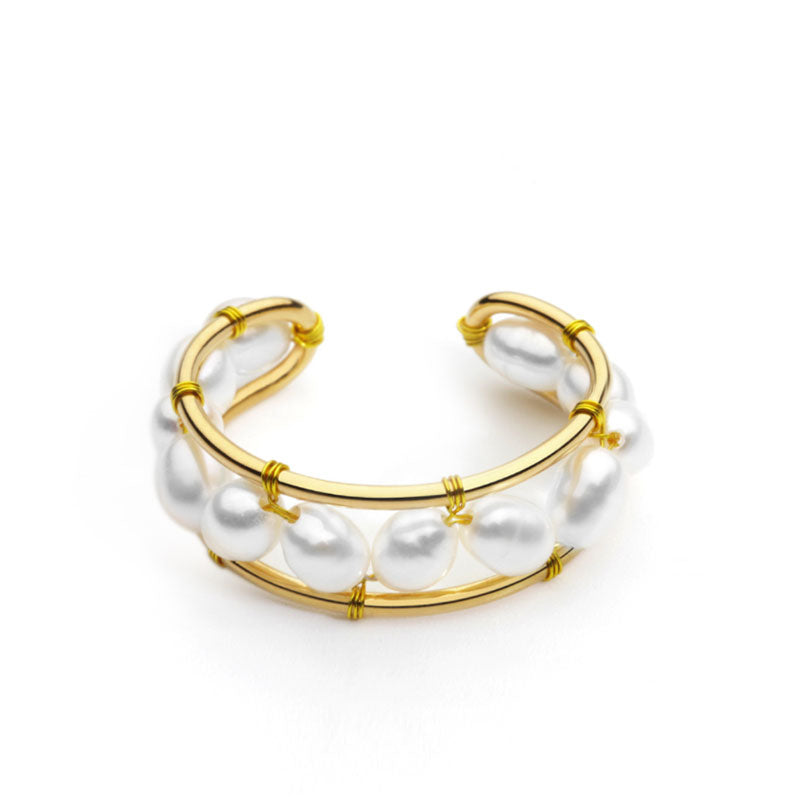 Elegant Perlized Bead Studded Open Ring in Gold