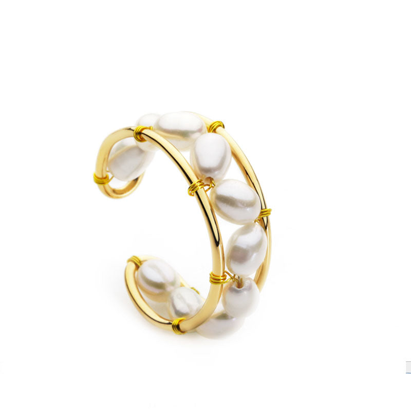 Elegant Perlized Bead Studded Open Ring in Gold