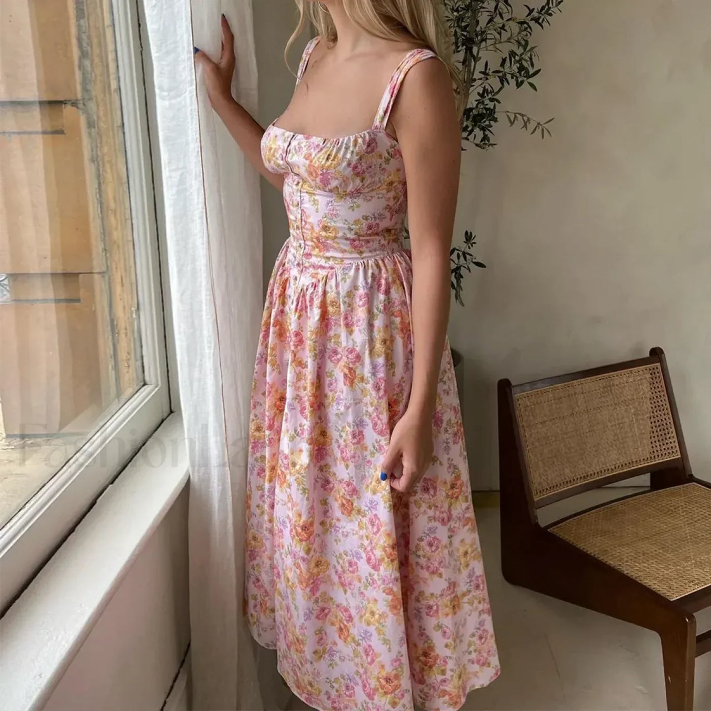Elegant Summer Floral Print Midi Dress Yellow Lace Up Pocket Floral Dress