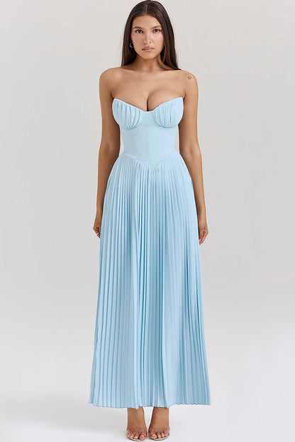 Strapless Sweetheart Ruched Bust Accordion Pleated Maxi Dress