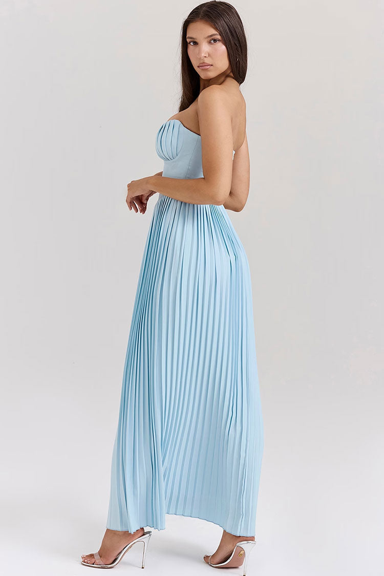 Strapless Sweetheart Ruched Bust Accordion Pleated Maxi Dress