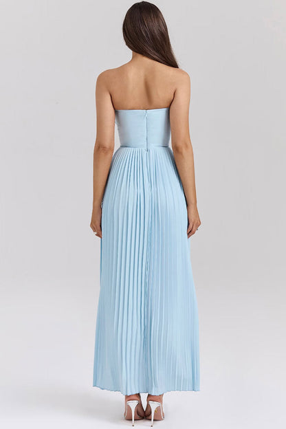Strapless Sweetheart Ruched Bust Accordion Pleated Maxi Dress