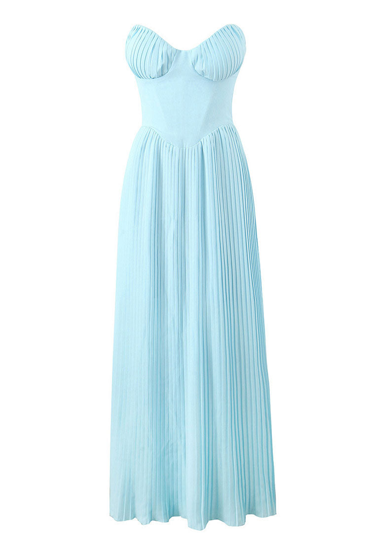 Strapless Sweetheart Ruched Bust Accordion Pleated Maxi Dress