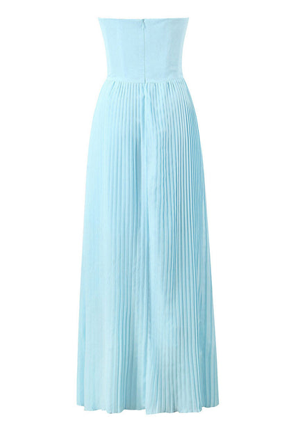 Strapless Sweetheart Ruched Bust Accordion Pleated Maxi Dress