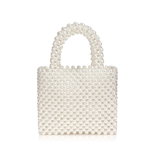 Elegant Hand-Woven Pearlized Beaded Clutch Bag - White