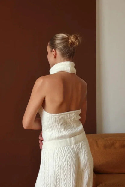 Elegant V-Neck Cable Knit Top Tank Pants Three Piece Set